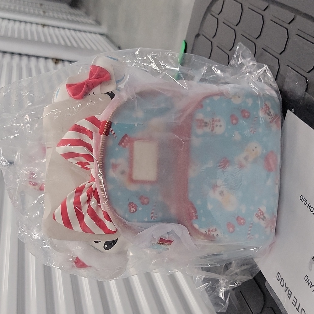 Loungefly Snowman Mickey and Minnie AOP backpack and ears NIP